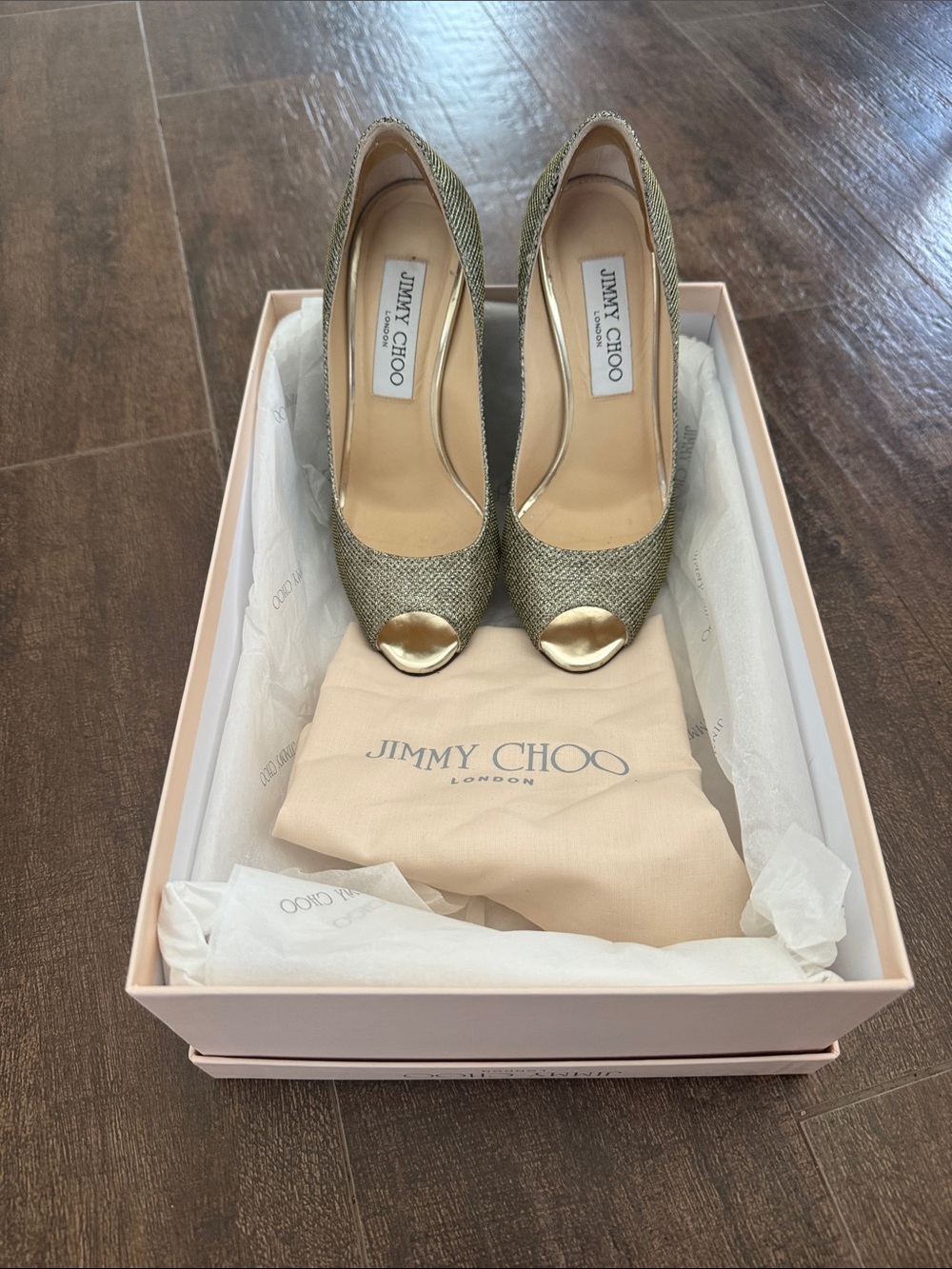 Jimmy Choo Metallic Gold Peep-Toe Heels